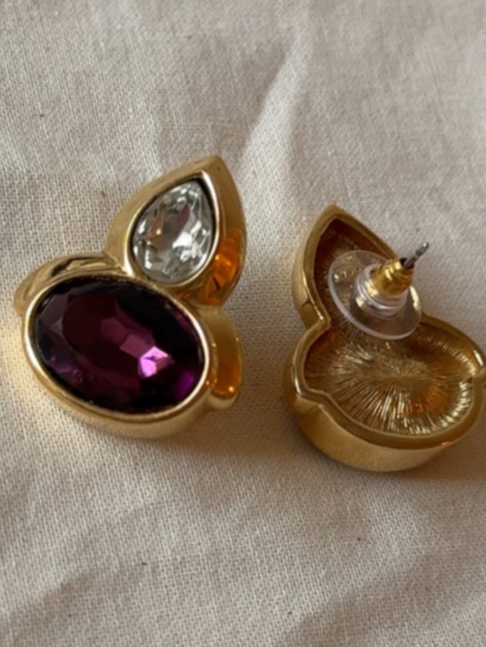 Vintage Monet Gold Tone Amethyst Glass Crystal Clip On Earrings Signed 1980s